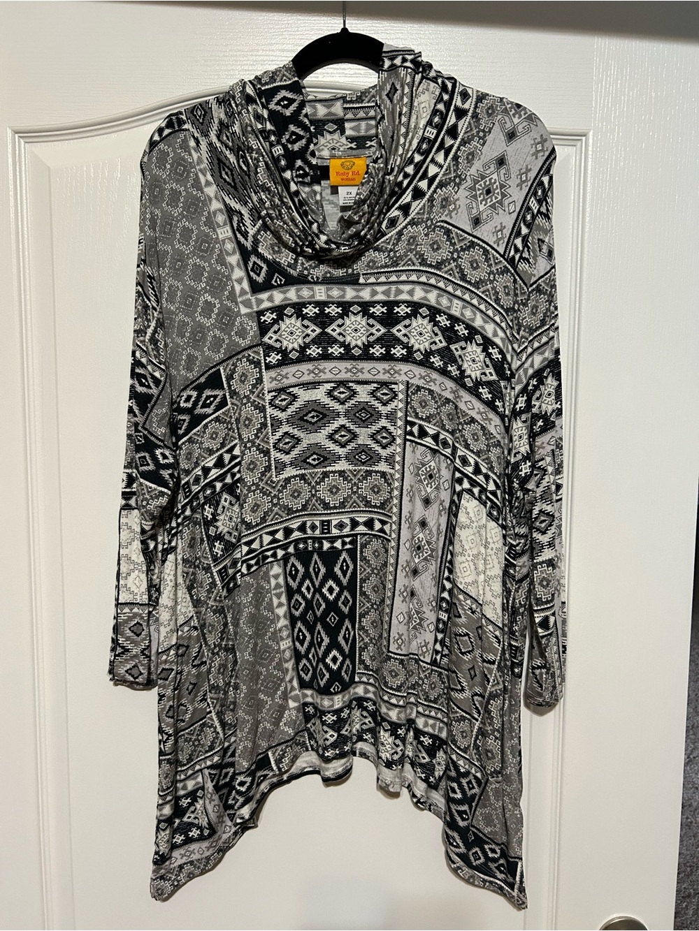 Ruby Rd. Black and White Geometric Cowl Neck Top